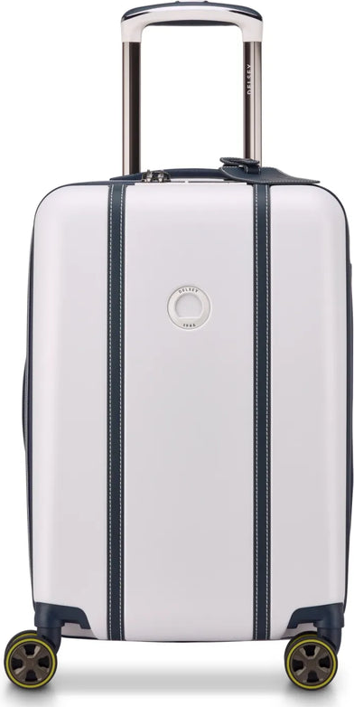 Delsey Cadence 55 cm 4-Wheel Expandable Cabin Suitcase - Ivory / Navy front view for size comparison