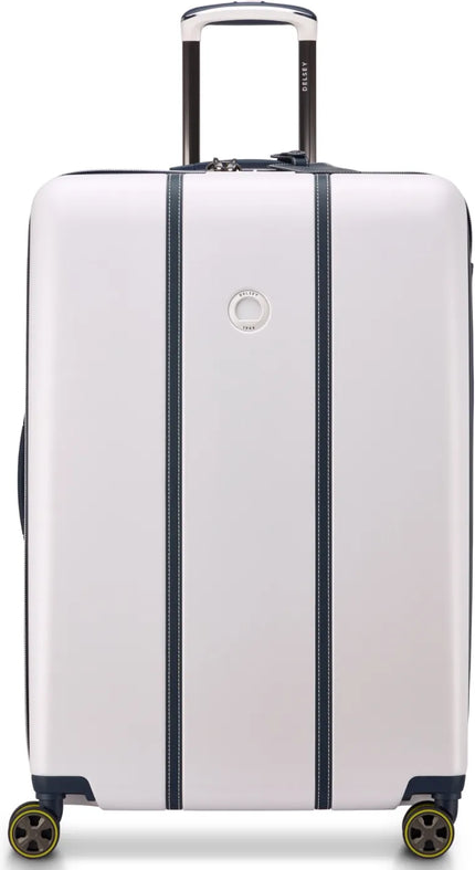 Delsey Cadence 76 cm 4-Wheel Expandable Suitcase - Ivory / Navy front view for size comparison