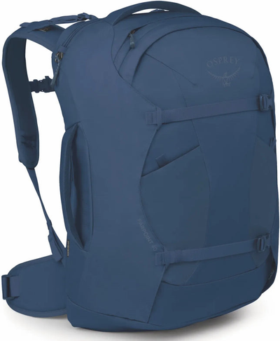 Osprey Farpoint 40L Travel Pack - Antique Blue front view for size comparison