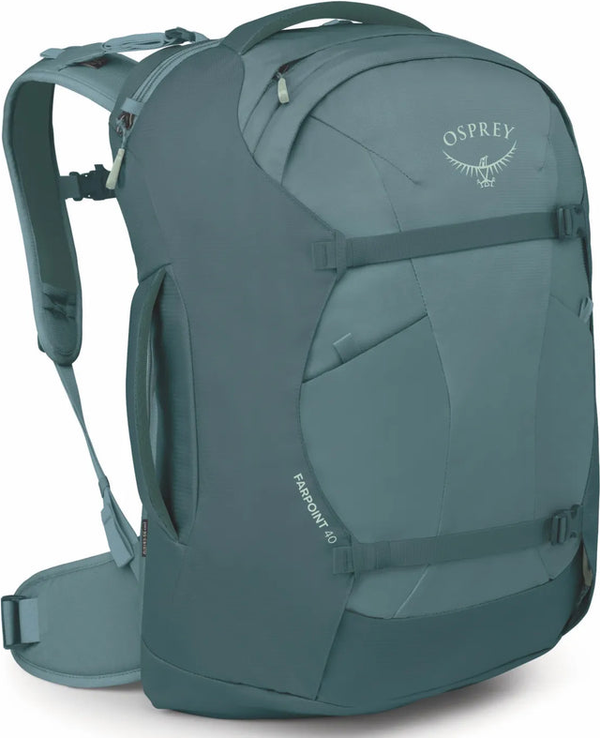 Osprey Farpoint 40L Travel Pack - Cascade Blue/Torrent Blue front view for size comparison