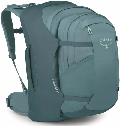 Osprey Farpoint 55 Men's Travel Pack with Detachable Fairview Day Pack - Cascade Blue/Torrent Blue front view for size comparison