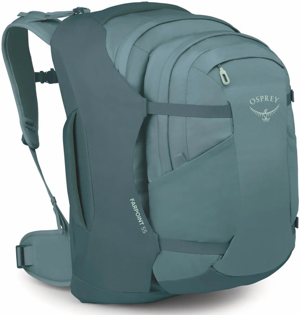 Osprey Farpoint 55 Men's Travel Pack with Detachable Fairview Day Pack - Cascade Blue/Torrent Blue front view for size comparison