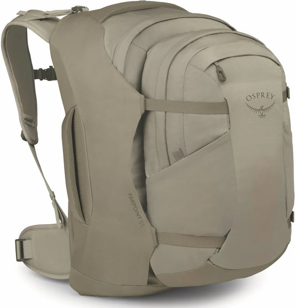 Osprey Farpoint 55 Men's Travel Pack with Detachable Fairview Day Pack - Sawdust Tan front view for size comparison