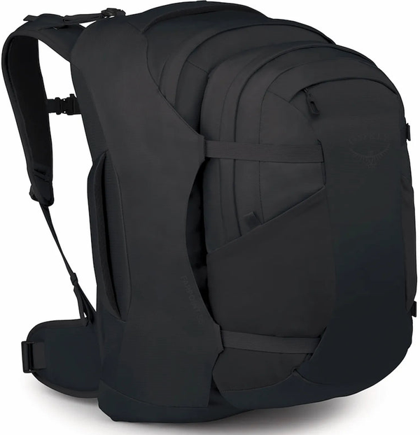 Osprey Farpoint 55 Men's Travel Pack with Detachable Fairview Day Pack - Black front view for size comparison