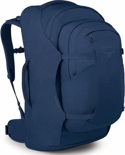 Osprey Farpoint 70 Men's Travel Pack with Detachable Fairview Day Pack - Antique Blue shown to scale
