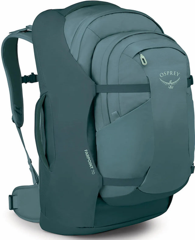 Osprey Farpoint 70 Men's Travel Pack with Detachable Fairview Day Pack - Cascade Blue/Torrent Blue shown to scale