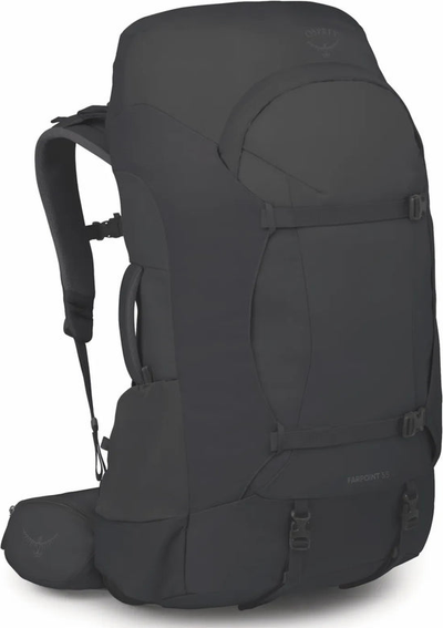 Osprey Farpoint Trek 55L Men's Travel Backpack - Black front view for size comparison