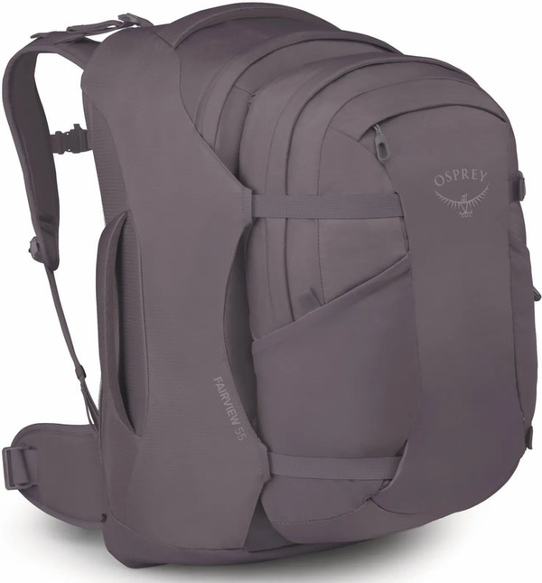 Osprey Farview 55 Women's Travel Pack with Detachable Fairview Day Pack - Graphite Purple front view for size comparison