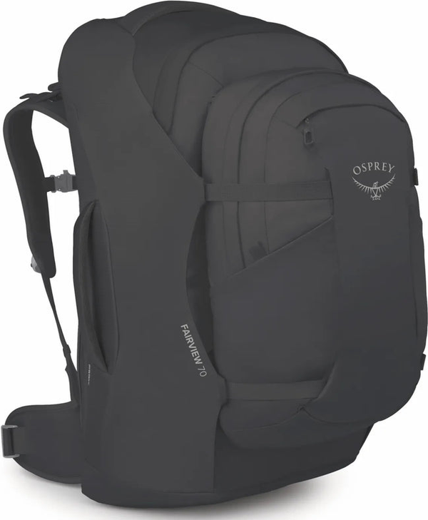 Osprey Farview 70 Women's Travel Pack with Detachable Fairview Day Pack - Black front view for size comparison