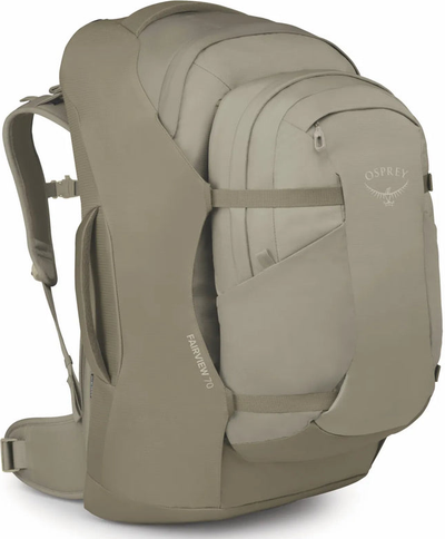 Osprey Farview 70 Women's Travel Pack with Detachable Fairview Day Pack - Sawdust Tan shown to scale