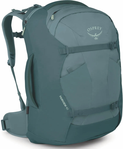 Osprey Farview Women's 40L Travel Pack - Cascade Blue/Torrent Blue front view for size comparison