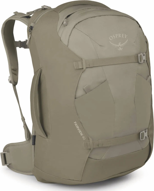 Osprey Farview Women's 40L Travel Pack - Sawdust Tan front view for size comparison