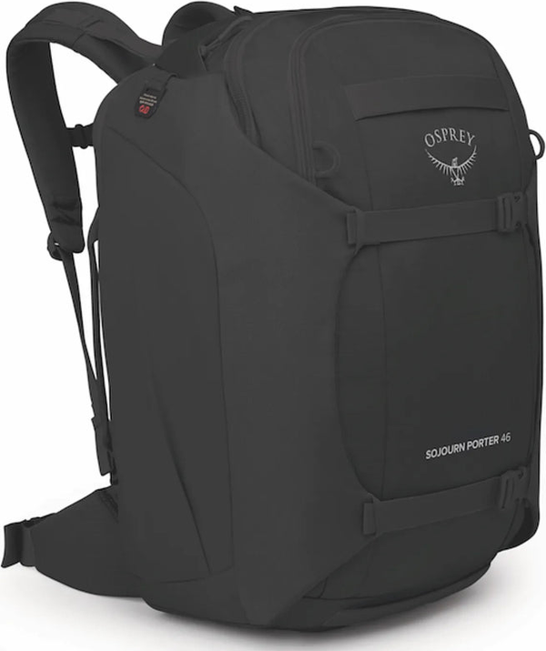 Osprey Sojourn Porter 45L Travel Pack - Black front view for size comparison