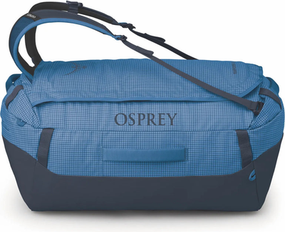 Osprey Transporter 65L Duffel Bag with Backpack Straps - Blue Flame front view for size comparison