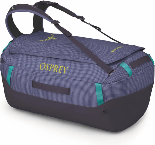 Osprey Transporter 65L Duffel Bag with Backpack Straps - Euphoria Purple front view for size comparison