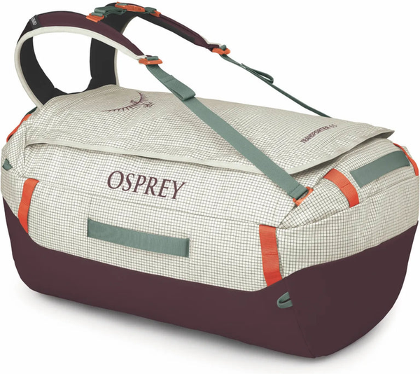 Osprey Transporter 65L Duffel Bag with Backpack Straps - Mystery White front view for size comparison