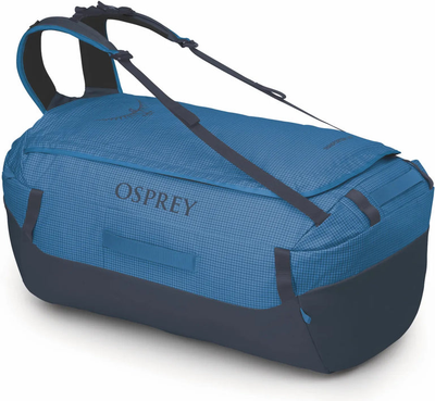 Osprey Transporter 95L Duffel Bag with Backpack Straps - Blue Flame front view for size comparison