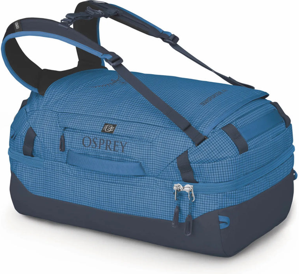 Osprey Transporter Squffel 44L Duffel Bag with Backpack Straps - Blue Flame front view for size comparison