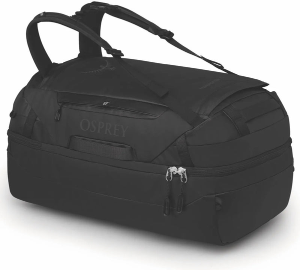 Osprey Transporter Squffel 70L Duffel Bag with Backpack Straps - Raven Black front view for size comparison