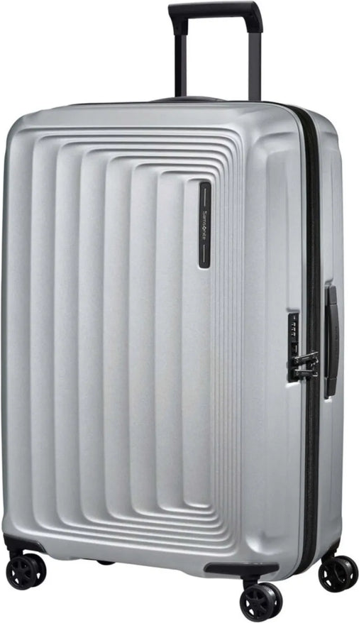 Samsonite Nuon 75 cm Expandable Spinner Suitcase - Matt Silver front view for size comparison