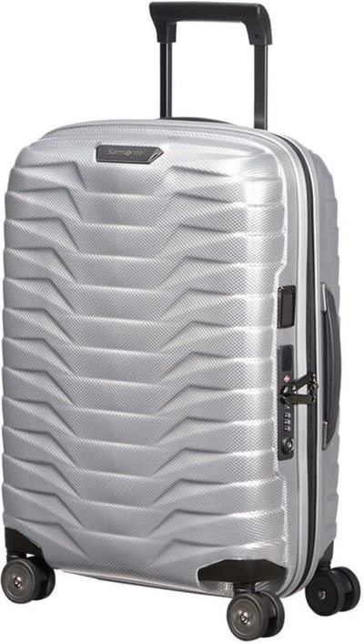 Samsonite Proxis 55cm Expandable 4 Wheel Cabin Spinner Suitcase - Silver front view for size comparison