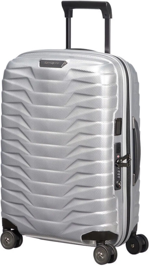Samsonite Proxis 55cm Expandable 4 Wheel Cabin Spinner Suitcase - Silver front view for size comparison