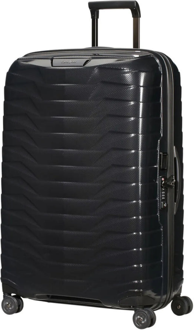 Samsonite Proxis 75cm 4 Wheel Spinner Suitcase - Black front view for size comparison