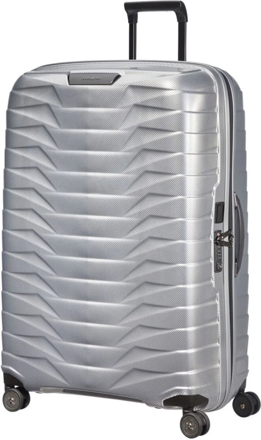 Samsonite Proxis 81 cm 4 Wheel Spinner Suitcase - Silver front view for size comparison