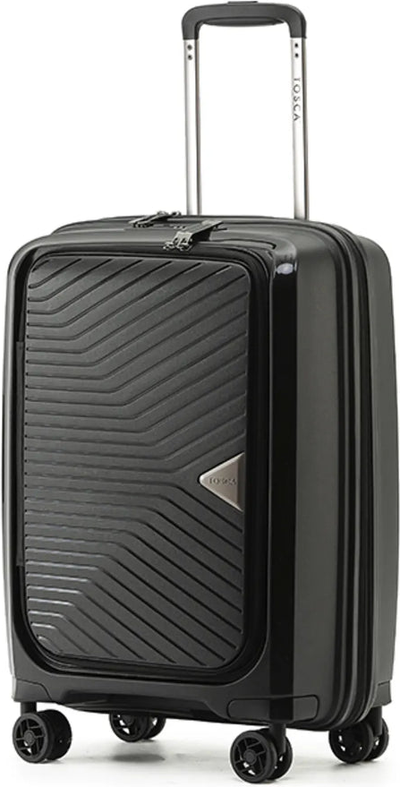 Tosca Space-X 55 cm 4-Wheel Expandable Carry On Suitcase - Black front view for size comparison