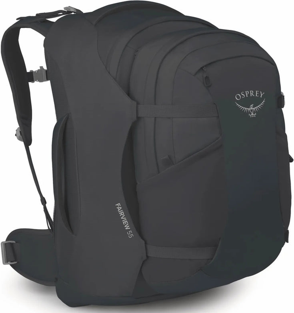 tu-osprey-farview-55l-womens-travel-pack-with-detachable-fairview-day-pack-black front view for size comparison