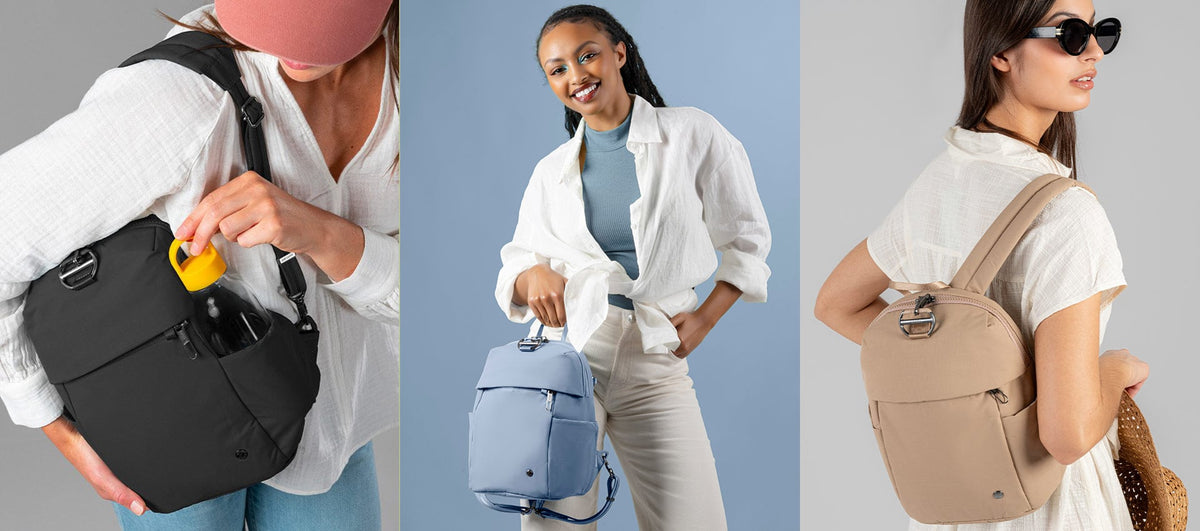 Pacsafe Citysafe CX Petite Anti-Theft 8L Backpack worn and carried out and about, lifestyle photo collage