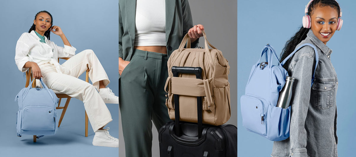 Pacsafe Citysafe CX Anti-Theft 16" Laptop Backpack worn and carried out and about, lifestyle photo collage