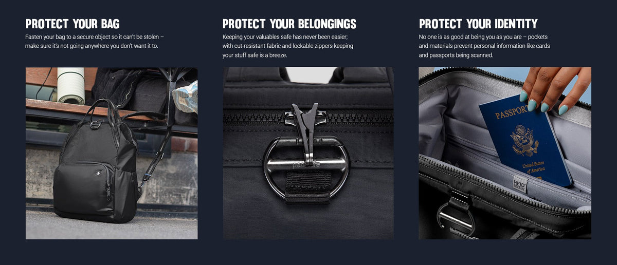 Pacsafe Citysafe CX Anti-Theft 16" Laptop Backpack: three panels showing how it protects your bag, belongings and identity