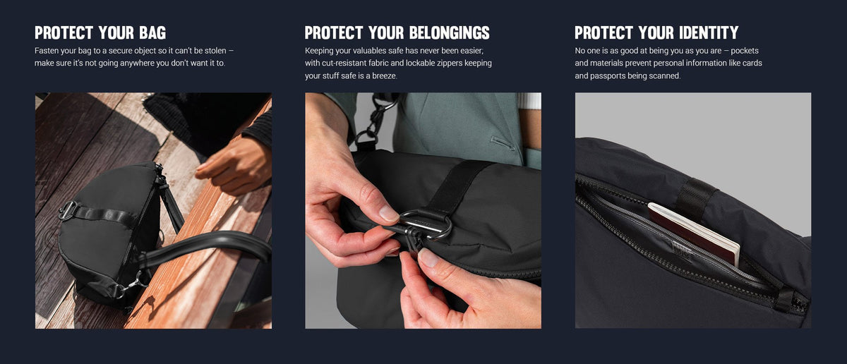 Pacsafe Citysafe CX Anti-Theft Convertible Backpack / Shoulder Bag: three panels showing how it protects your bag, belongings and identity