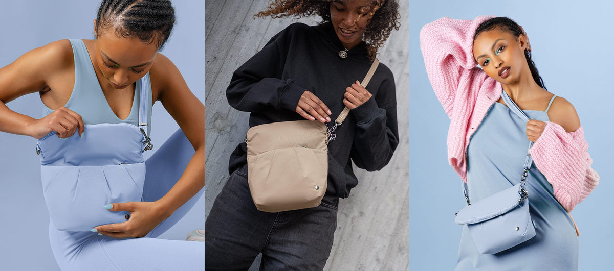 Pacsafe Citysafe CX Anti-Theft Convertible Crossbody Bag worn and carried out and about, lifestyle photo collage