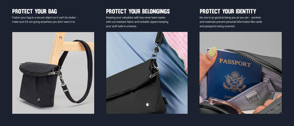 Pacsafe Citysafe CX Anti-Theft Convertible Crossbody Bag: three panels showing how it protects your bag, belongings and identity