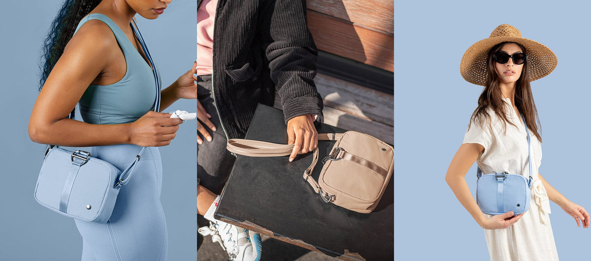 Pacsafe Citysafe CX Anti-Theft Square Crossbody Bag worn and carried out and about, lifestyle photo collage