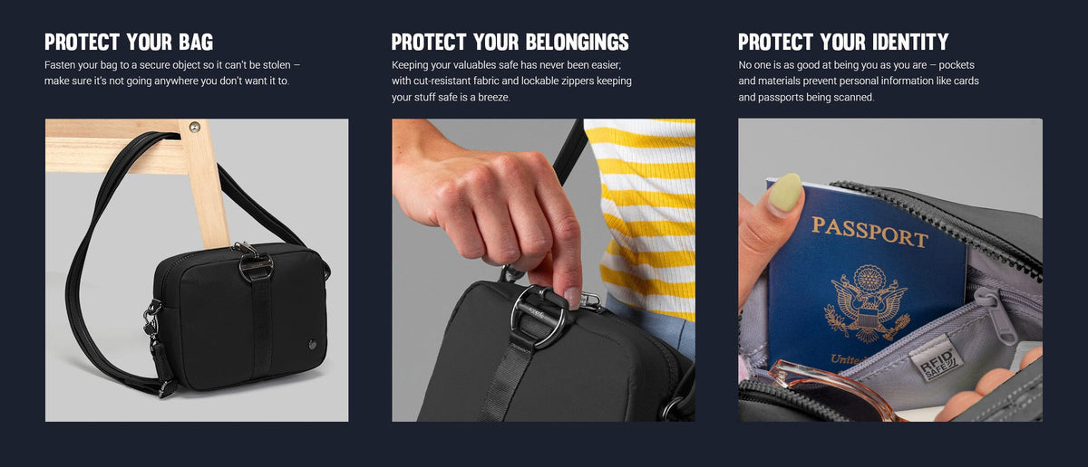 Pacsafe Citysafe CX Anti-Theft Square Crossbody Bag: three panels showing how it protects your bag, belongings and identity