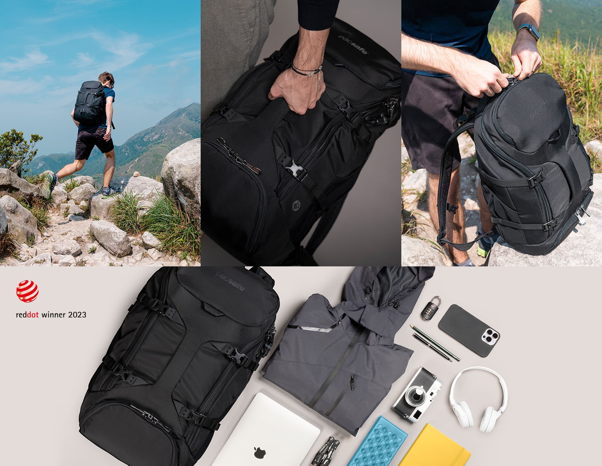 Pacsafe Venturesafe EXP35 travel backpack in use, Red Dot winner 2023