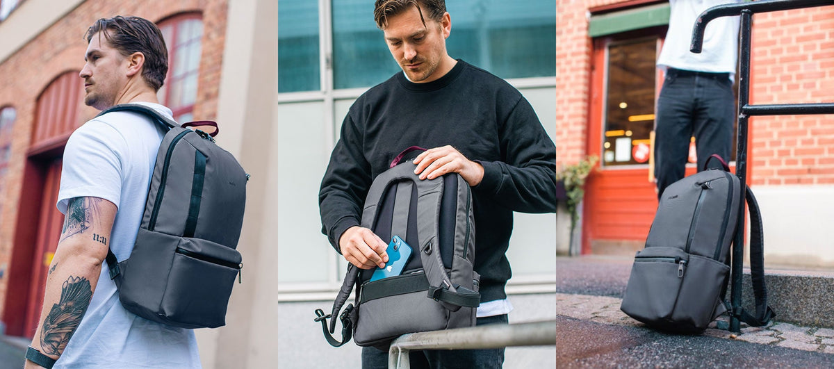 Pacsafe Metrosafe X Anti-Theft 20L Laptop Backpack worn and carried out and about, lifestyle photo collage