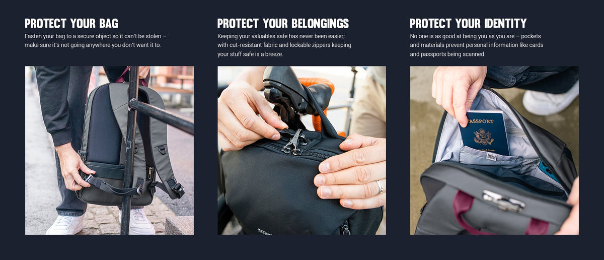 Pacsafe Metrosafe X Anti-Theft 20L Laptop Backpack: three panels showing how it protects your bag, belongings and identity