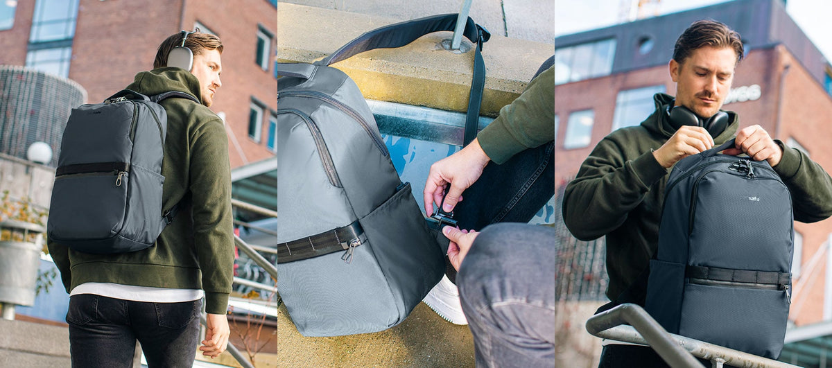 Pacsafe Metrosafe X Anti-Theft 25L Laptop Backpack worn and carried out and about, lifestyle photo collage