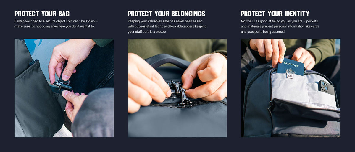 Pacsafe Metrosafe X Anti-Theft 25L Laptop Backpack: three panels showing how it protects your bag, belongings and identity