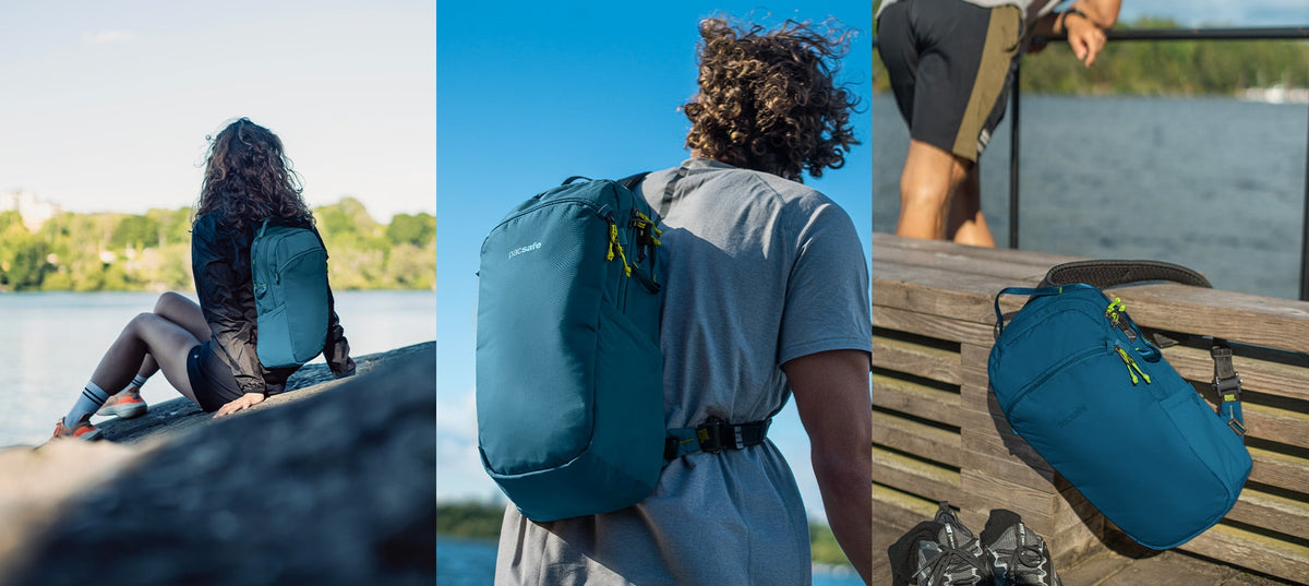 Pacsafe ECO Anti-theft 12L Sling Backpack worn and carried out and about, lifestyle photo collage