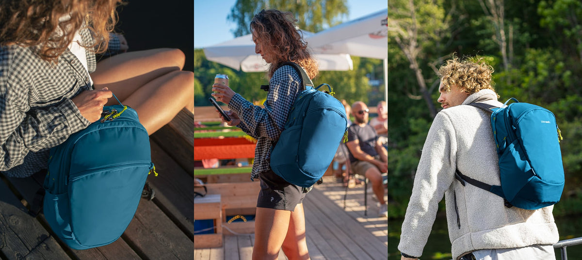 Pacsafe Eco 18L Anti-Theft 13" Laptop Backpack worn and carried out and about, lifestyle photo collage