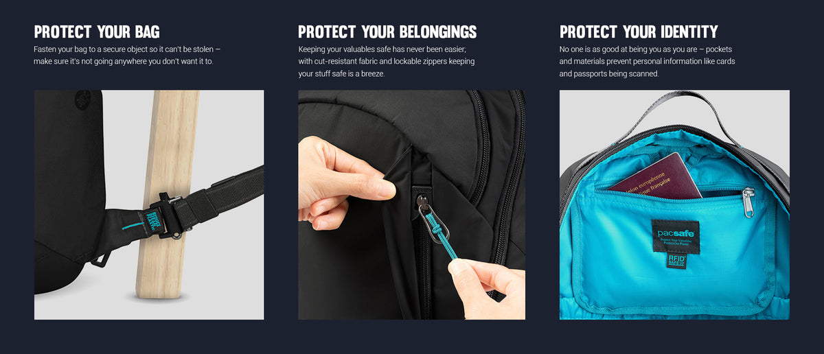 Pacsafe Eco 25L Anti-Theft 16" Laptop Backpack: three panels showing how it protects your bag, belongings and identity