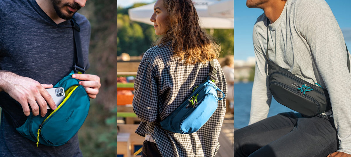 Pacsafe ECO Anti-theft Waist Pack worn and carried out and about, lifestyle photo collage