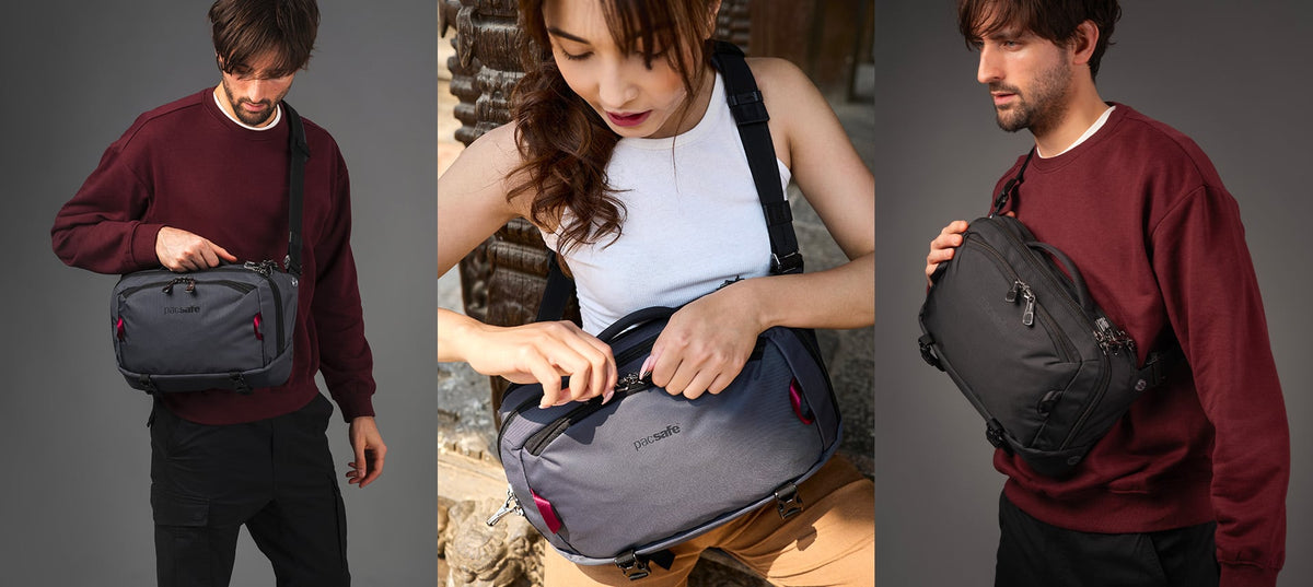 Pacsafe EXP 12" Anti-Theft Sling Crossbody worn and carried out and about, lifestyle photo collage