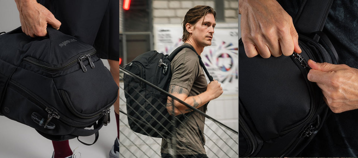 Pacsafe EXP Anti-Theft 28L 16" Laptop Backpack worn and carried out and about, lifestyle photo collage
