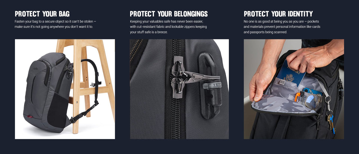 Pacsafe EXP Anti-Theft 28L 16" Laptop Backpack: three panels showing how it protects your bag, belongings and identity